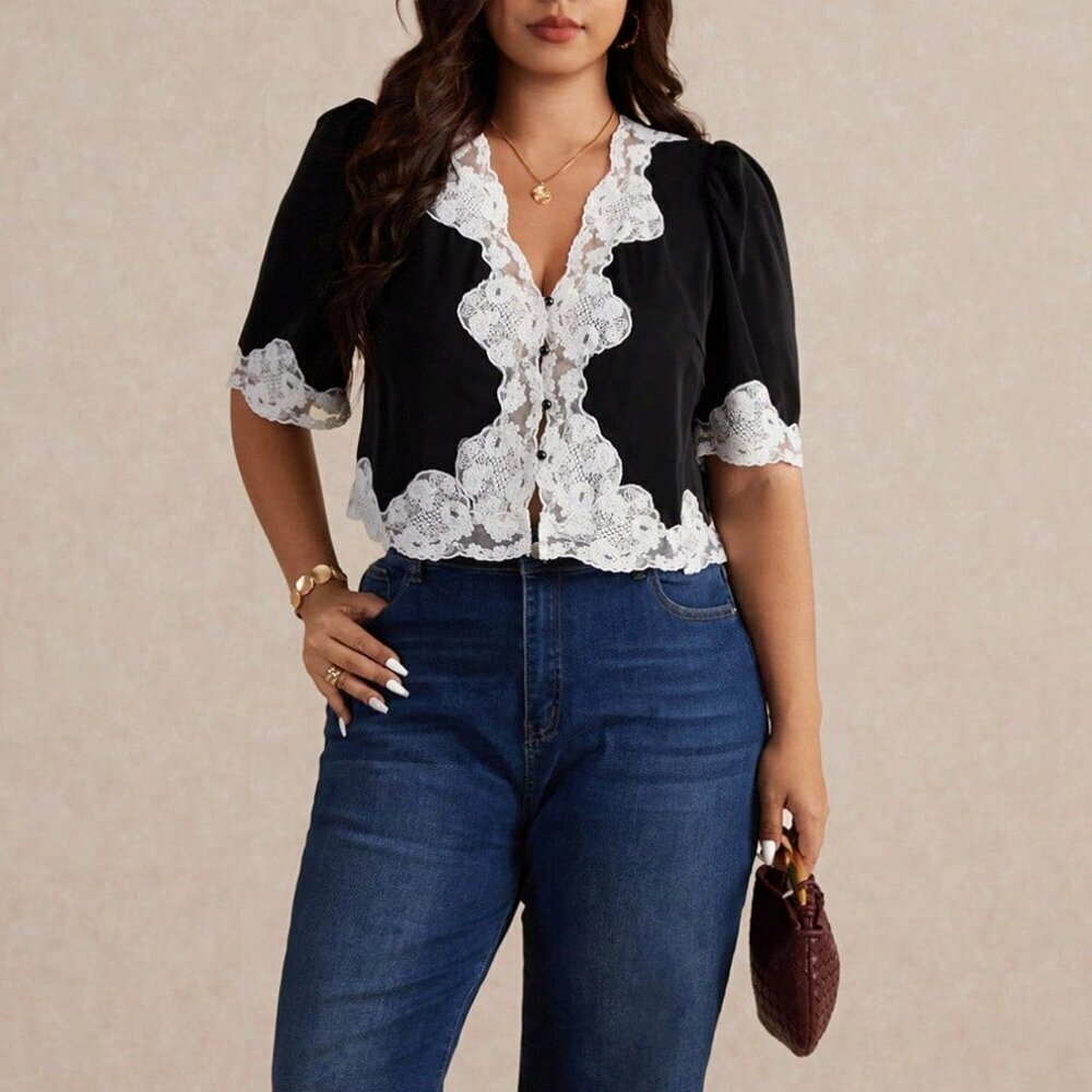 Plus Size boho Black Women's Lace Blouse with Puff Sleeves